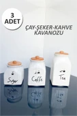 Sezka Life 3 Boy Porselen Bambu Kapaklı Çay Kahve Şeker Kavanozu Ve 3 Adet Suya Dayanıklı Şeffaf Etiket - 1