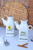 Sezka Life 2 Adet Bambu Kapaklı Seramik Yağlık & Sirkelik Ve 2 Adet Suya Dayanıklı Özel Etiket - 1000ml - 2