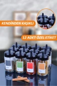 Sezka Life 12 Adet Kapağı Kendinden Kaşıklı Cam Baharatlık Seti Ve 12 Adet Renki Pantone Etiket-300ml - 1