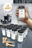 Sezka Life 12'li Metal Kapaklı Bambu Kaşıklı Cam Kavanoz Baharatlık Ve 32 Adet Baharat Etiket Seti - 240ml - 1