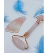 Doğal Taş Pembe Kuvars Kaz Ayaklı Roler Gua Sha Masaj Seti - 3