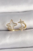 Pirinç Gold Renk Zirkon Taşlı Beyaz Mineli Zirkon Taşlı Ayarlanabilir Yüzük - TJ-BYK3553 - 1