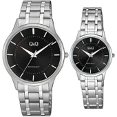 Q&Q QC204J003Y Siyah Gümüş Çizgili Çelik Kordonlu Sevgili Çift Kol Saatleri - 1