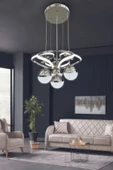 Hemera Modern Sarkıt 3 Işık (Beyaz, Sarı ve Günışığı) Kumandalı ve Dimmerli Gümüş Luxury Avize - 1
