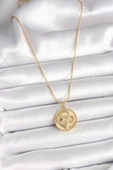 316L Çelik Gold Renk Topçuk Zincir Yılan İşlemeli Zirkon Taş Detaylı Madalyon Model Kadın Kolye - TJ-BKO9844 - 2
