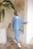 V Yaka Düğmeli Cepli İkili Tesettür Eşofman Takımı - 71244.006 - İndigo thumbnail 3