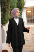 V Yaka Bağcıklı İkili Tesettür Eşofman Takımı - (38-46) - 71243 - Siyah - 4