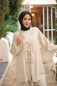 V Yaka Bağcıklı İkili Tesettür Eşofman Takımı - 71243.026 - Bej thumbnail 4
