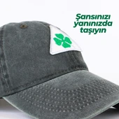 Perlotus Vintage Yıkamalı Pamuk Şapka Dört Yapraklı Yonca Nakışlı Yeşil - 9