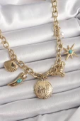 316L Çelik Gold Renk Zincir Sallantılı Çoklu Figür Model Kadın Kolye - TJ-BKO9849 - 1