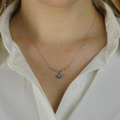 Yaprak Dalı Tasarımlı Mavi Damla Taşlı 925 Ayar Gümüş Kolye ROSE thumbnail 2