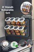 Porsima 8'li Etiketli Asmalı Yapışkanlı Tezgah Üstü Döner Kapaklı Baharatlık Seti Antrasit - 1