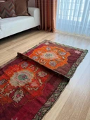 95x170 cm 50 Yıllık El Dokuma Türk Kilimi, Turuncu Çiçek Desenli, Vintage Anadolu Yün Halısı, Ender Bohem Kilim - 4