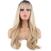 Doğal Dalgalı Perçemli Fiber Sentetik Uzun Boy Peruk - Kumral / Platin Ombre ve Röfleli thumbnail 1