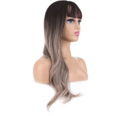 Doğal Dalgalı Perçemli Fiber Sentetik Uzun Boy Peruk - Koyu Kumral / Rus Kumralı Ombre ve Röfleli thumbnail 2