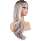 Doğal Dalgalı Perçemli Fiber Sentetik Uzun Boy Peruk - Koyu Kumral / Açık Rus Kumralı Ombre ve Röfleli thumbnail 2