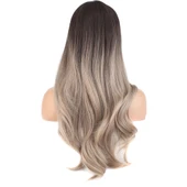 Doğal Dalgalı Perçemli Fiber Sentetik Uzun Boy Peruk - Koyu Kumral / Rus Kumralı Ombreli thumbnail 4