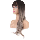 Doğal Dalgalı Perçemli Fiber Sentetik Uzun Boy Peruk - Koyu Kumral / Rus Kumralı Ombre ve Röfleli thumbnail 3