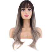 Doğal Dalgalı Perçemli Fiber Sentetik Uzun Boy Peruk - Koyu Kumral / Rus Kumralı Ombre ve Röfleli thumbnail 1