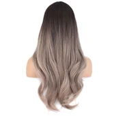 Doğal Dalgalı Perçemli Fiber Sentetik Uzun Boy Peruk - Koyu Kumral / Rus Kumralı Ombre ve Röfleli thumbnail 4