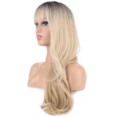 Doğal Dalgalı Perçemli Fiber Sentetik Uzun Boy Peruk - Kumral / Platin Ombre ve Röfleli thumbnail 3