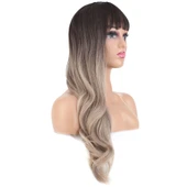 Doğal Dalgalı Perçemli Fiber Sentetik Uzun Boy Peruk - Koyu Kumral / Rus Kumralı Ombreli thumbnail 2