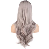 Doğal Dalgalı Perçemli Fiber Sentetik Uzun Boy Peruk - Koyu Kumral / Açık Rus Kumralı Ombre ve Röfleli thumbnail 4