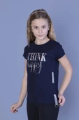 Toontoy Kız Çocuk Baskılı Taş İşlemeli Yanı Şerit Detaylı Tişört - 1