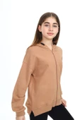 Toontoy Kız Çocuk Kapüşonlu Fermuarlı Düşük Omuz Nakış Baskılı Yırtmaç Detaylı Örme Hırka - 3 İplik Şardonsuz - 12