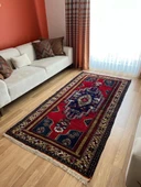 124x240 cm Canlı Kırmızı ve Mavi El Dokuma Türk Kilimi, Nostaljik Uşak Halısı, Yüksek Kaliteli Yün Halı, Özel Tasarım - 2