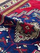 124x240 cm Canlı Kırmızı ve Mavi El Dokuma Türk Kilimi, Nostaljik Uşak Halısı, Yüksek Kaliteli Yün Halı, Özel Tasarım - 9