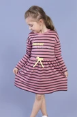 Toontoy Kız Çocuk Bel Fırfır Detaylı Çizgili Yazı Baskılı Elbise thumbnail 2