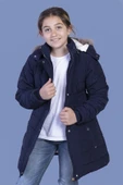 Toontoy Kız Çocuk  İtici Kapüşonlu Fermuar ve Çıtçıt Kapamalı Cepli Beli Lastikli Uzun Mont - İçi Suni Kürklü - 7