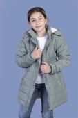 Toontoy Kız Çocuk  İtici Kapüşonlu Fermuar ve Çıtçıt Kapamalı Cepli Beli Lastikli Uzun Mont - İçi Suni Kürklü - 5