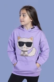 Toontoy Kız Çocuk Kedi Desenli Taş İşlemeli Kanguru Cepli Sweatshirt - 4