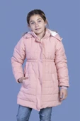 Toontoy Kız Çocuk  İtici Kapüşonlu Fermuar ve Çıtçıt Kapamalı Cepli Beli Lastikli Uzun Mont - İçi Suni Kürklü - 6