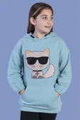 Toontoy Kız Çocuk Kedi Desenli Taş İşlemeli Kanguru Cepli Sweatshirt - 1