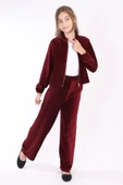 Kız Çocuk 2'li Takım Dik Yaka Fermuarlı Sweatshirt & Beli Lastikli Cepli Bol Paça Eşofman Altı - Kadife thumbnail 8