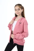 Toontoy Kız Çocuk Kapüşonlu Fermuarlı Cepli Düşük Omuz Nakış Baskılı Örme Hırka - 2 İplik - 8