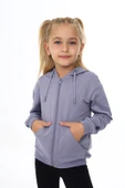 Toontoy Kız Çocuk Kapüşonlu Fermuarlı Cepli Düşük Omuz Nakış Baskılı Örme Hırka - 2 İplik - 4