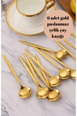 6 Adet Şık Parlak Gold Paslanmaz Titanyum Çelik Çay Kaşığı Kararmaz - 1