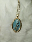 Kadın Çelik Turkuaz Vintage Çerçeveli Mineli Lale Gül Kolye Sevgiliye Özel - 2