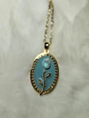 Kadın Çelik Turkuaz Vintage Çerçeveli Mineli Lale Gül Kolye Sevgiliye Özel - 1