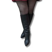 ÇİĞDEM SİYAH DERİ BÜZMELİ FERMUARSIZ DİZ ALTI ÇİZME - 6