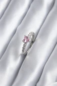 Gümüş Renk Zirkon Taşlı Pembe Kristal Kalp Model Kadın Yüzük - TJ-BYK2851 - 1