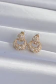 Pirinç Gold Renk Zirkon Taşlı Oval Form Küpe - TJ-BKP9273 - 2