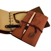 Ahşap Kutulu Taba Renk Deri Defter Ve Kalem Set - 2