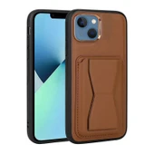 iPhone 13 Kılıf Kartlıklı Standlı ​Pu Deri Memo Kapak Kahve - 1