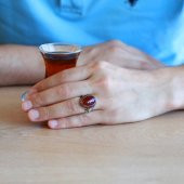 Lale Motifli Kırmızı Akik Taşlı 925 Ayar Gümüş Erkek Yüzük - 2