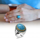 Lale Motifli Turkuaz Firuze Taşlı 925 Ayar Gümüş Erkek Yüzük - 1